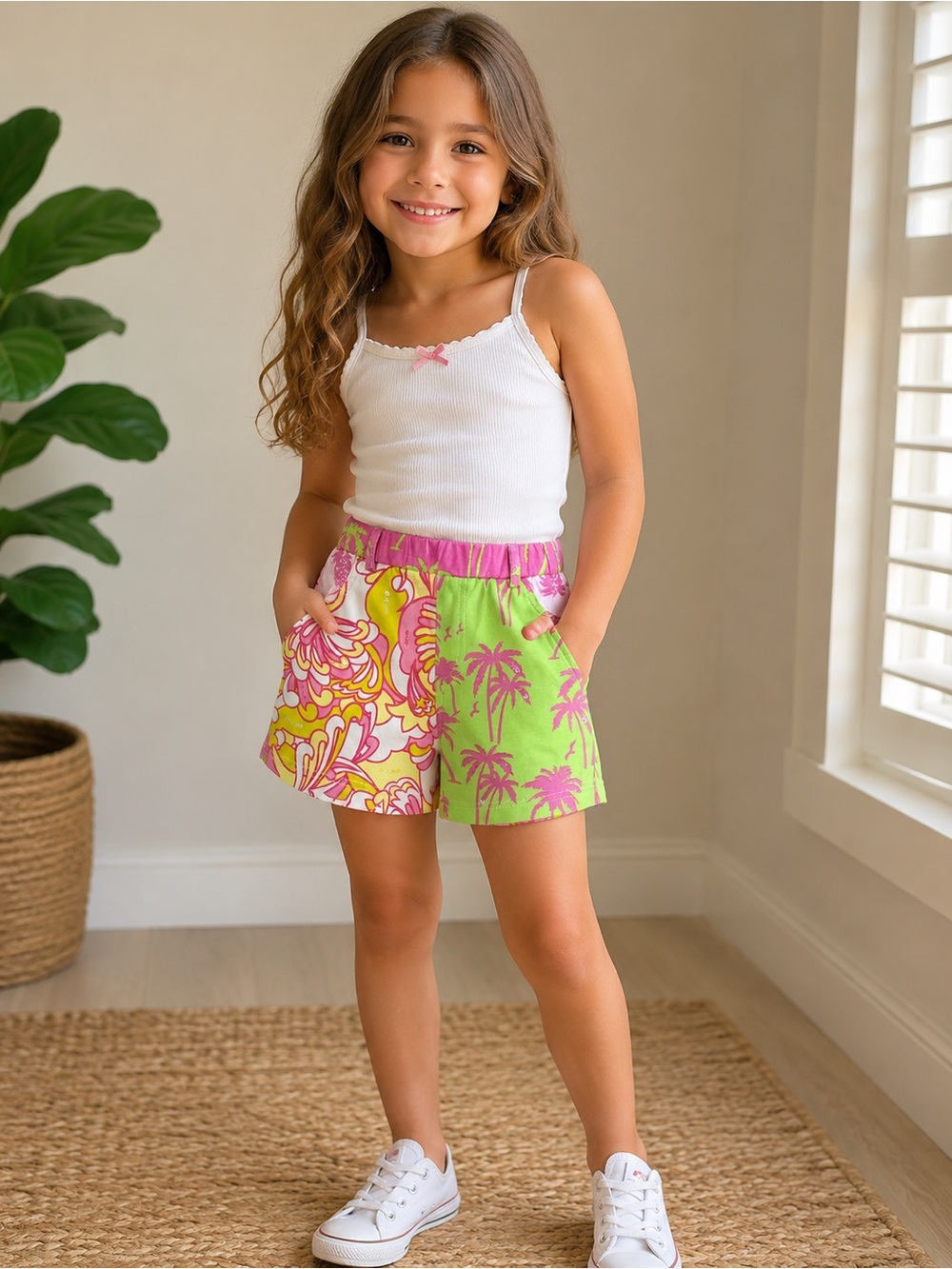 Havengirl Girls Green & Pink Palm Print Pull-On Shorts